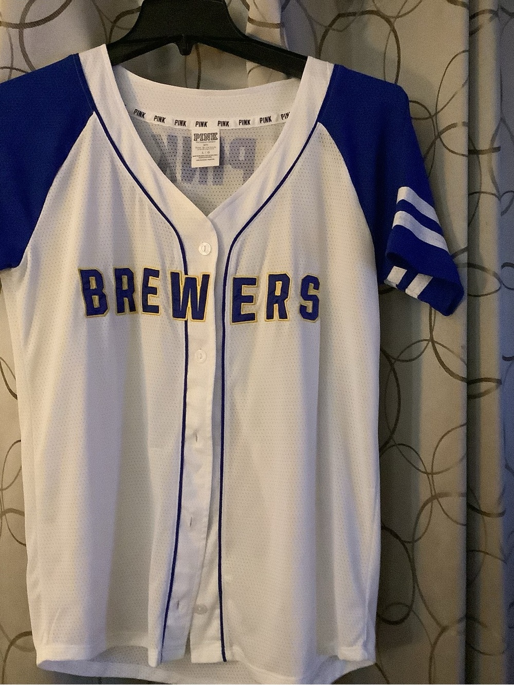 PINK Victoria's Secret White Baseball Jersey with Blue Trim